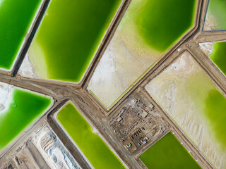 Aerial view of lithium fields / evaporation ponds in the Atacama desert, South America - a surreal, colorful landscape where batteries are born