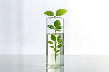 Macro close up of green plant in glass test tube in laboratory on white background