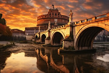 Sunrise over the castle and bridge in Rome, Italy. Generative AI