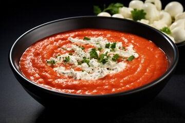 Isolated on white background a bowl of Greek style tomato and red pepper dip sauce