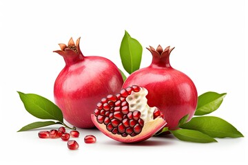 Isolated white background pomegranate with leaves