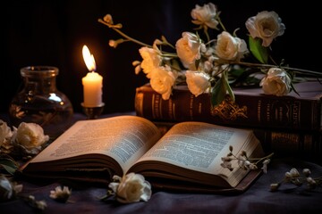 Naklejka na ściany i meble Lit candle and flowers on a book