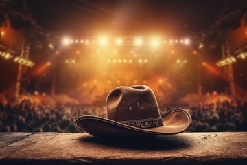 Live concert or rodeo with country music festival vibes featuring cowboy attire - obrazy, fototapety, plakaty