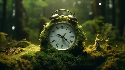 Dystopian clock in the middle of nature created with Ai. AI generative.
