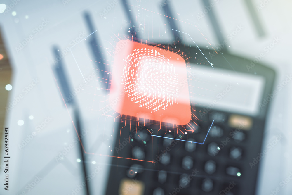 Poster multi exposure of virtual fingerprint scan interface on calculator and papers background, digital ac