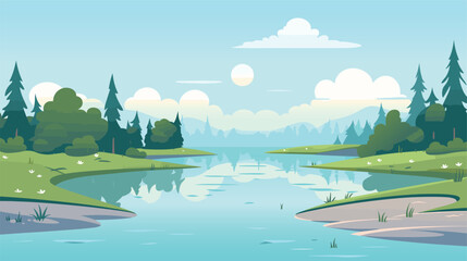 Cartoon landscape with river bay, water surface and river banks with trees. Cozy place background vector
