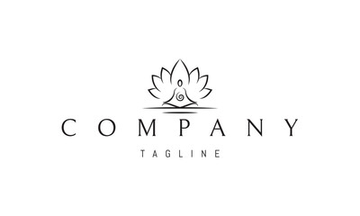 A vector logo with an abstract image of a meditating man on a background of lotus petals.