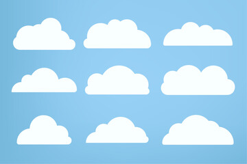 Set of Nine white clouds object used in cloud concepts, clouds element, clouds caroon style, in a flat design. White cloud collection