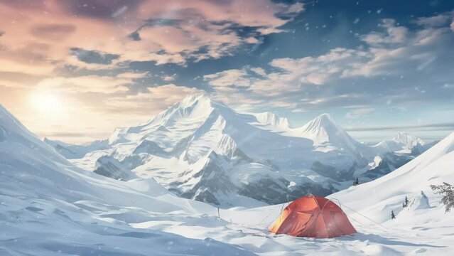 Winter scenery. tent on snow with the mountains view. winter view at the peak. cartoon or anime watercolor illustration style looping video background 	