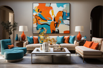 The interior design features a bright art deco style living room with a bright colorful abstract painting on the wall.