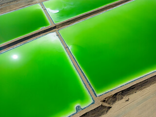 Abstract aerial close up of lithium fields or evaporation ponds in the Atacama desert, South America - a surreal, colorful landscape where batteries are born