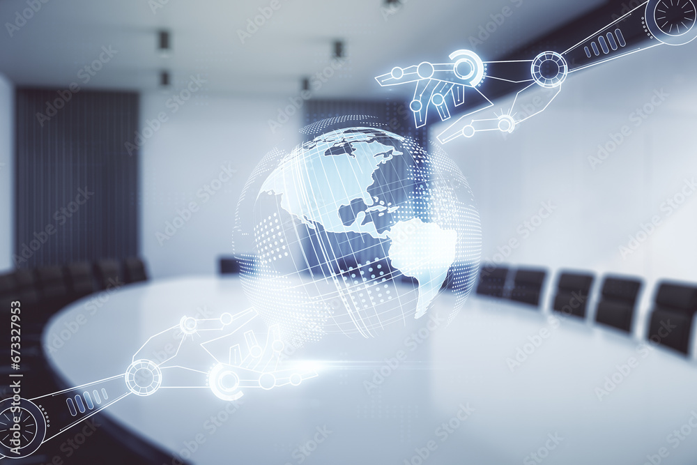 Aufkleber abstract virtual robotics technology hologram with globe sketch on a modern conference room backgrou