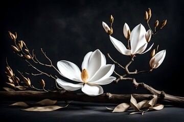 Creative still life with white magnolia, paper, vintage frame and dried branch of tree on dark...
