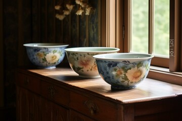 Watercolor-style porcelain bowls with flower motif on wooden commode. Generative AI