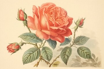 Vintage illustration of a rose. Created in the 19th century, depicting Rosa Persica. Generative AI