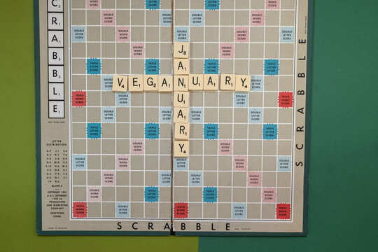 Lviv city, Ukraine, juli 2022. Scrabble game board. crossword Veganuary and January. vegan food concept