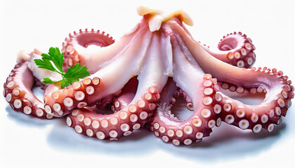 Tentacles of octopus isolated on white background closeup. Sea food