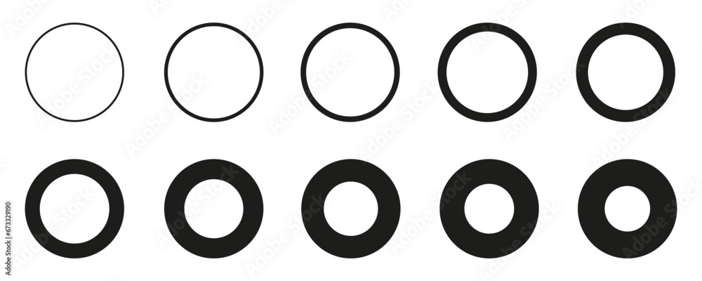 Poster circle set from thin to thick line, set of geometric shapes form, circle icons collection, different