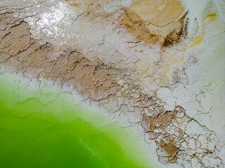 Abstract aerial close up of lithium fields or evaporation ponds in the Atacama desert, South America - a surreal, colorful landscape where batteries are born