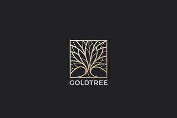 Golden Square Tree Logo Abstract Design Luxury Jewelry Wellness Style Vector template. - obrazy, fototapety, plakaty
