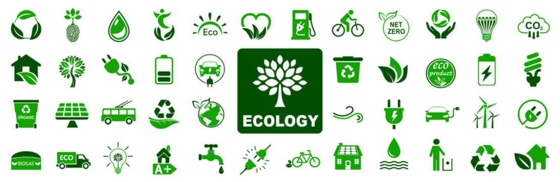 Set ecology icons, carbon neutral, net zero, eco planet green signs, nature eco symbol – stock vector