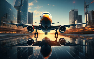 aereo  trasporto passeggeri che vola sopra un'architettura moderna , vista simmetrica, luci riflesse del tramonto sull'aeromobile, prospettiva insolita 
