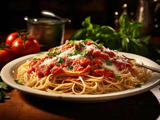 spaghetti pomodoro e basilico, su piatto bianco, fotografia di food , visto frontalmente 