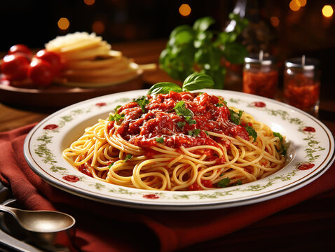 spaghetti pomodoro e basilico, su piatto bianco, fotografia di food , visto frontalmente 