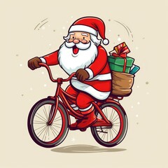 Santa Claus riding a bicycle with a bag of presents. 1970s retro cartoon style.