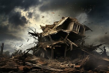 Destruction of a aged structure amidst swirling debris. Generative AI