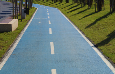 Obraz premium Sign of bicycle on blue road. Concept traffic sign. Pathway and trees track for running or walking and cycling relax in park on green grass field. Alley with trees above path, walking area, road sign