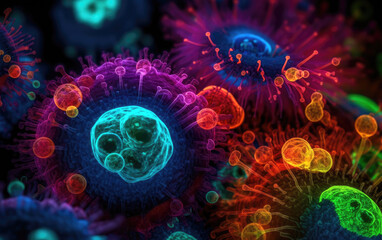 Highly detailed vibrant colors micrograph view of viruses - obrazy, fototapety, plakaty