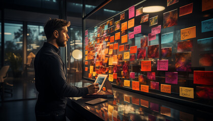 Business people in front of work schedule in office