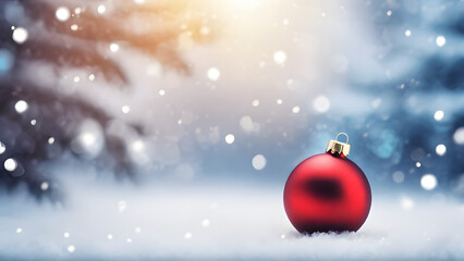 Fototapeta na wymiar Beautiful christmas ball on snow with blurred christmas tree background, copy space