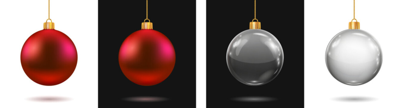 Red and glass Christmas balls. New year toy decoration set - vector