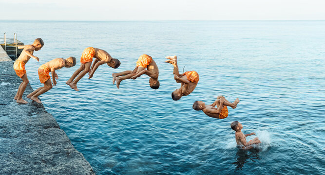 Sequence of front flip jump. Moments of schoolboy jumping from stone pier into sea at sunrise doing tricks in combined image sequence
