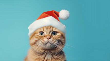 Close-Up of a Playful Red Tabby Cat in a Santa Hat, Isolated on a Soft Cyan Background