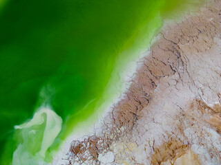 Abstract aerial close up of lithium fields or evaporation ponds in the Atacama desert, South...