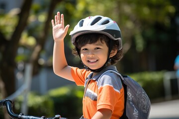 Fototapeta na wymiar Ein Junge auf dem Fahrrad auf dem Weg zur Schule oder zum Sport in der Freizeit. Radfahren mit Helm und Rucksack.
