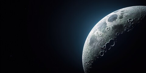 Der Mond mit viel Platz für Text auf dunklen Hintergrund. Ideal für Banner oder Thumbnails im Bereich Astronomie und Wissenschaft.