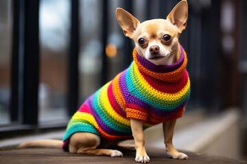 Hund im Hundepullover im Winter. Bunter Regenbogen Hundemantel aus Wolle für den Hund.  - obrazy, fototapety, plakaty