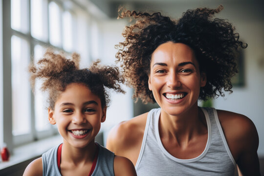 Mom And Daughter Working Out Together At Home