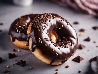 close-up of  delicious looking chocolate donut with a decorative blurry light background  