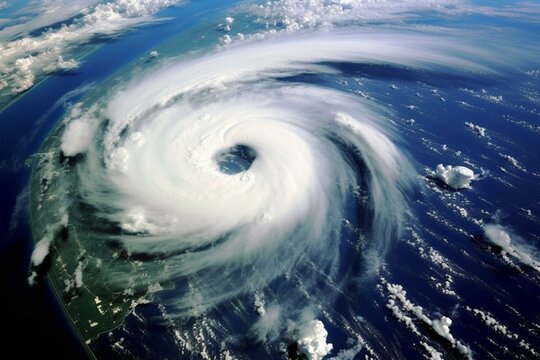 Satellite image of hurricane/tornado storming Florida, seen from space. Climate change causes damage. Generative AI