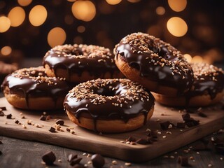 close-up of  delicious looking chocolate donut with a decorative blurry light background

 - obrazy, fototapety, plakaty