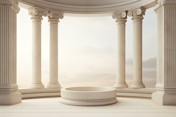 Ancient Greek columns on a white antique background, with a product setting podium and colonnade. Object placement in 3D rendering. Generative AI