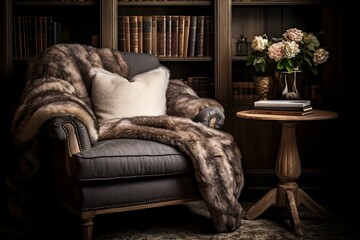 a comfortable corner for reading adorned with a furry rug and an elegant chair. Generative AI