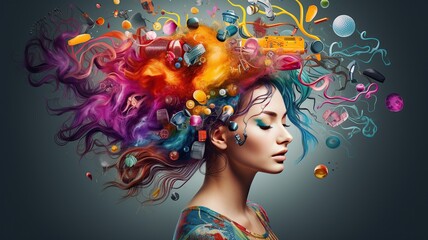abstract illustration of a girl with an explosion of objects and colours in her hair and face AI generated - obrazy, fototapety, plakaty