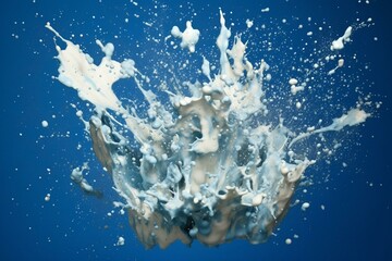 Milk splatter bursts on blue. Generative AI