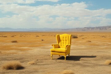 Fototapeta na wymiar A single yellow chair stands in the expansive desert. Generative AI